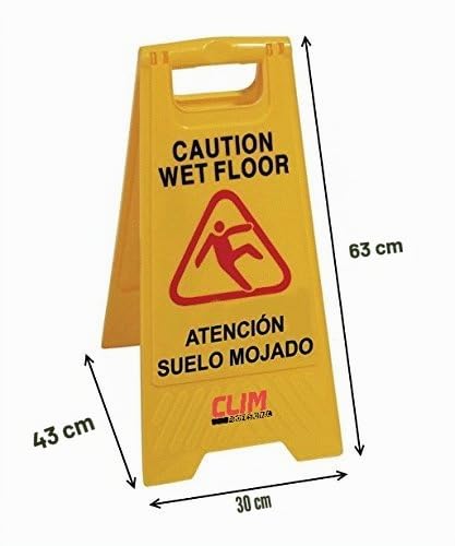 Clim Profesional 4 Señales de Advertencia de Pavimento Mojado en Color Amarillo Alta Visibilidad con Pictograma Doble Cara en Inglés y Español. Medidas 63 cm de Alto 30 cm de Ancho.