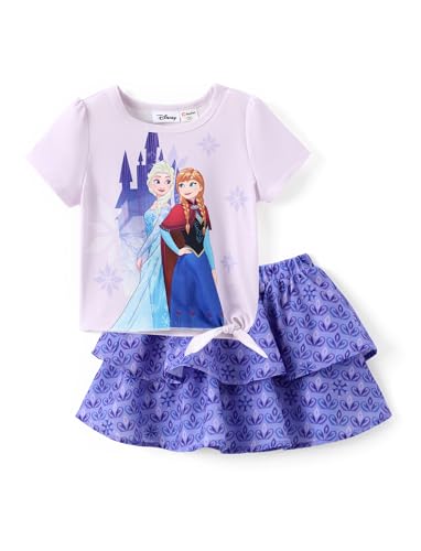 Image of Disney Frozen Elsa Stitch Minnie Princess Toddler Girls' T-Shirt & Double Ruffle Skirt 2 Piece Outfit Summer Clothes Set 2-9Y