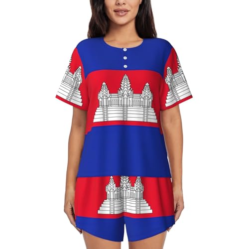 Pyjama imprimé drapeau du Cambodge pour femme ensemble court col rond doux
