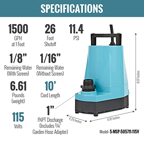 Little Giant 5-Msp 115-Volt, 1/6 Hp, 1500 Gph, Aluminum Manual Hydroponics Pump, 10-Ft. Cord, Blue, 505711 #TOP4