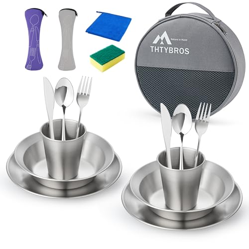 Stainless Steel Camping Mess Kit for 1-4 People,All-in-One Camping Cookware & Tableware Set with Plates,Bowls, Cups,Cutlery & Carry Bag,Outdoor Cooking Utensils for Camping,Backpacking,Hiking, Picnic
