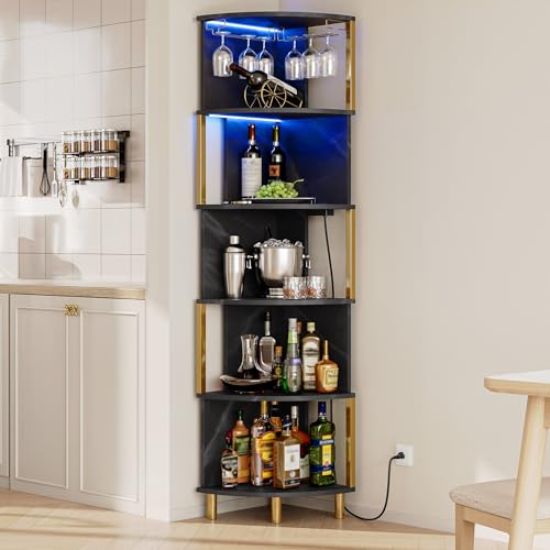 IRONCK Corner Bar Cabinet with LED Lights & Power Outlets, 5-Tier...