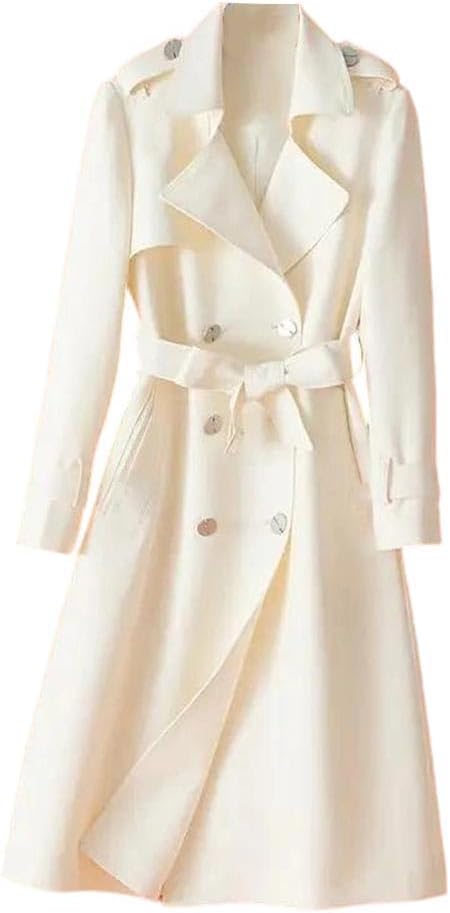 Women Trench Coat Long Length Splicing Lapel Collar Cinching Waist Slim Overcoat