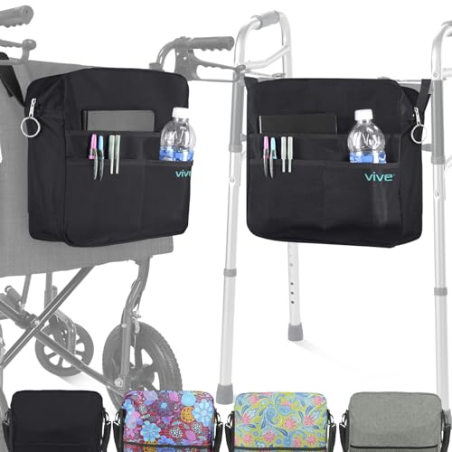 Vive Wheelchair Bag - Machine Washable, Double-Stitched, Water-Resistant Accessory Backpack for Rollators, Wheel Chairs, Walkers - Pouch with XL Pockets & Straps for Quick Installation