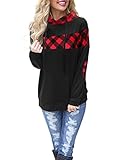 Blooming Jelly Women's Drawstring Red Hooded Sweatshirt Elbow Patch Pullover Hoodie Color Block Plaid Shirt Top (X-Large, Muticolor)
