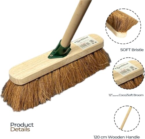12" inch Natural Soft Coco Sweeping Broom with Wooden Handle Soft Bristle Sweeping Brush Ideal for Indoors and Outdoors Durable Home, Garage, Patio, Yard & Garden Broom
