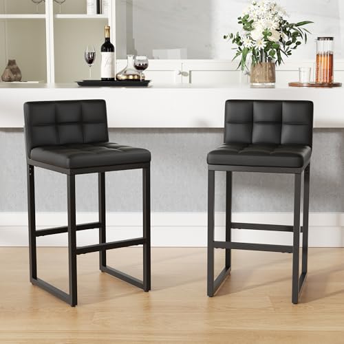 choairy 24 Bar Stools Set of 2, Modern Faux Leather Counter Height Bar Stools with Low Back and Footrest, Sturdy Thickened Metal Leg, Upholstered Kitchen Bar Chairs for Island, Black