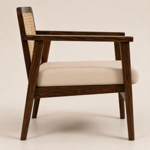 Image of LSGF Mangz Wooden Lounge Chair with Rattan Cane Back | Solid Wood Accent Chair with Cushion | Mid Century Modern Armchair for Living Room, Bedroom & Office (Dark Walnut)