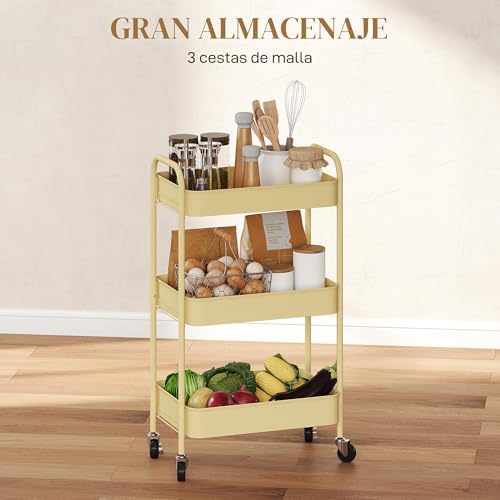 Miniatura 3 de Homcom Carrito Auxiliar Con Ruedas De 3 Niveles, Carrito De Cocina Con 3 Cestas Y 2 Asas, Para Baño, Dormitorio, Oficina, 45x30,6x79 Cm, Amarillo