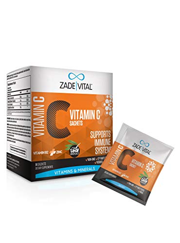 Zade Vital 1000mg Vitamin C Powder with Olive Leaf Extract, Vitamin B2, Zinc Gluconate, Antioxidant & Immune System Support, Supports Skin Health&Collagen Formation, 14 Sachets, Non-GMO, Halal, Kosher