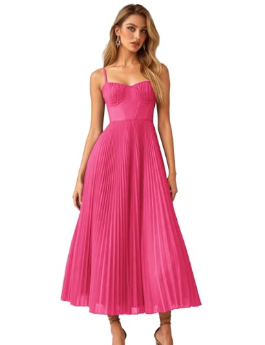 Womens Pleated A-Line Ruched Sleeveless Dress Adjustable Spaghetti Strap Backless Party Gown Dress