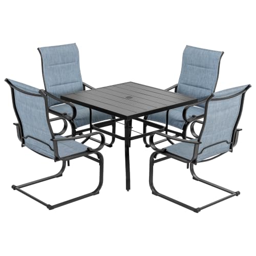 Image of NUU GARDEN 5-Piece Outdoor Patio Dining Set, 37 inch Square Metal Table with 1.6 inch Umbrella Hole and 4 Padded Textilene C-Spring Chairs, All-Weather Furniture for Backyard, Deck and Garden, Blue
