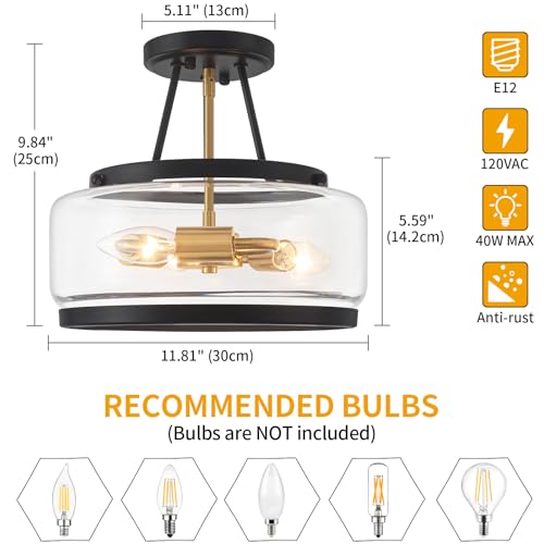 11.81" Black and Brushed Gold Close to Ceiling Light Fixtures, 3-Light Modern Drum Light Fixture, Hallway Ceiling Light, Glass Ceiling Lamp for Entryway Bedroom Laundry Room Dining Room Kitchen Lights by LZLDCJ - Used condition - Image 5