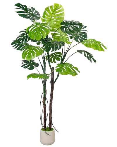 Large Artificial Monstera Deliciosa Fake Plant with White Planter, 6.6Ft Faux Floor Plants Fake Tropical Tree with Pot for Indoor Outdoor Office House Living Room Home Decor