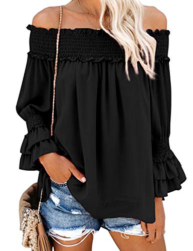 Blooming Jelly Women's Off The Shoulder Chiffon Blouse Ruffle Sleeve Flattering Top Shirt(M, Black)
