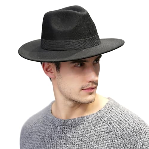 LIGIGWASH Chapeau Fedora Unisexe Laine Structurée avec Large Bord Style Jazz Rétro pour Hommes et Femmes Noir Classique – vue 6