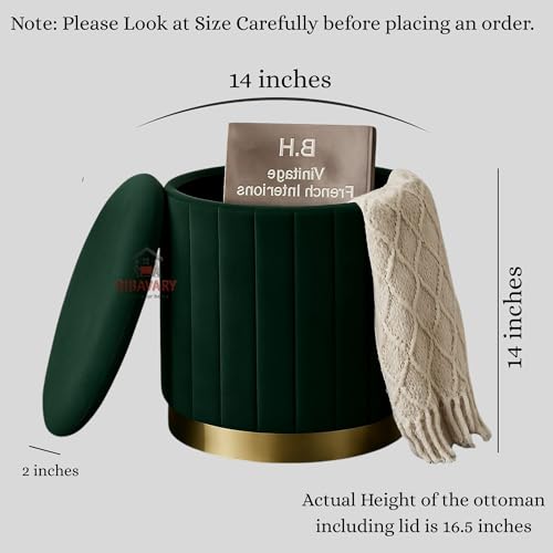 Image of Round Velvet Luxurious Storage Ottoman, Pouf with Storage Vanity Stool Chair,Upholstered Foot Rest Stool with Gold Strip Base for Living Room or Bedroom (Green, Medium- 36Dx36Wx40H)