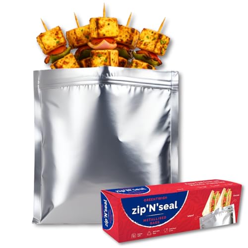 Image of GREENTWISH Zip 'N' Seal Metallised Silver Zip Lock Bags, Reusable Sandwich and Food Storage Bag, Airtight Foil Pouch with Zipper, Freezer Safe, Polyethylene | Size: Medium (8x9 Inch) | 15 Bags