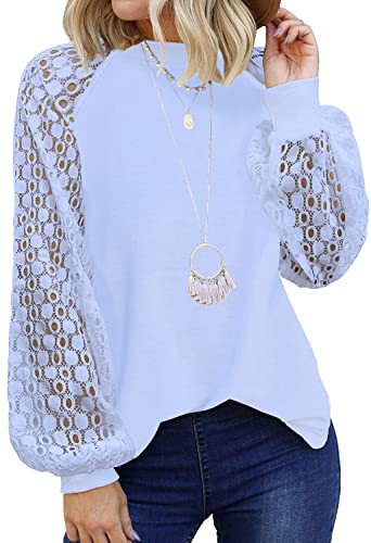 Image of Shasmi Women's White Ballon Long Sleeve, Crew Neck Tops Lace Casual Loose Blouses T Shirts (Shree Top 29)