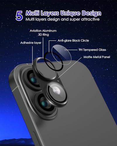 Image of Titanium Camera Lens Protector for iPhone 17 & iPhone 16 & 16 Plus Black 9H Tempered Glass, Scratch & Drop Resistant Camera Cover HD Clear Anti-Fingerprint Case Friendly Easy Install Camera Protector