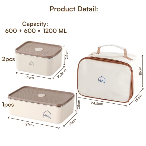 Image of House of Quirk 304 Stainless Steel Bento Lunch Box for Adults - 3 Leakproof Containers (1x1200ml + 2x600ml) with Insulated Thermal Carry Case, Stackable Portable Meal Prep Tiffin (Beige)