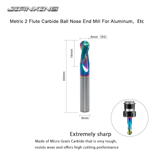 Image of 8mm R4 DLC Coated 2-Flute Carbide Ball Nose End Mill, Ideal for Aluminum, Copper Alloys, and Plastic Machining - High Precision & Wear-Resistant Cutting Tool (1 Pack)