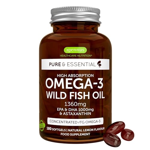 Igennus Omega-3 Huile de poisson sauvage et astaxanthine, triglycérides rTG de qualité supérieure, 180 capsules, certifié ultra pur IFOS, acides gras oméga-3 EPA et DHA 1360 mg