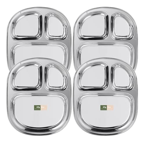 WG inc Stainless Steel Compartment Plates, 3 in 1 divided Oval Dinner plates, Indian Thali Breakfast Lunch platter, Mess trays for Adults, kids, Toddlers, Outdoor, Camping (Large, 4 Pack)