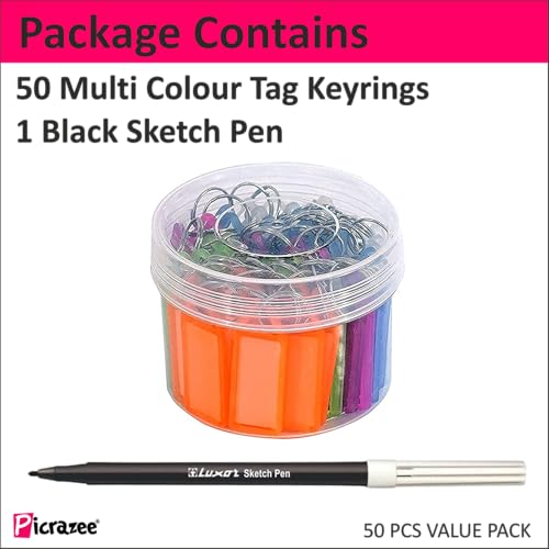 Image of Picrazee 50 Pcs Multicolor Key Tag Keychain with Name Label | Sketch Pen Included | Plastic Key Rings with ID Tags & Split Ring | Key Identifier Tags for Home Office Locker Bike (50)