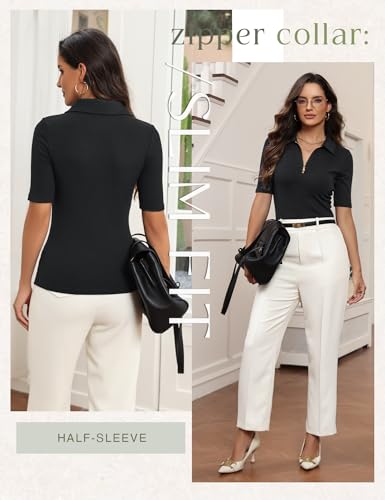 Women's Half Sleeve Top 2025 Summer Elegant V Neck Zipper Collared Work Shirts Slim Fitted Dressy Blouses4