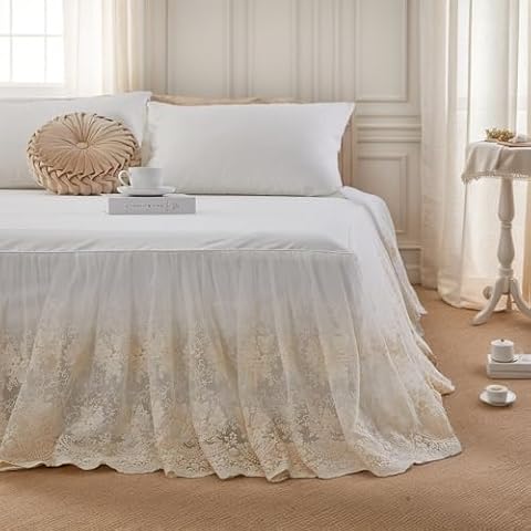 Brandream Lace Bed Skirt Queen Size Cream White 18 Inch Drop Romantic Dust Ruffle Split Corners Bed Sheets Cover Excellent Quality Cover