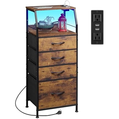 WLIVE 4 Drawer Dresser for Bedroom, Nightstand with Charging Station and Led Light, Tall Night Stand Bed Side Table, End Table with USB Ports and Outlets, Fabric Bins, Wood Shelf, Rustic Brown Cover