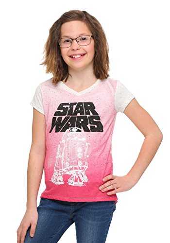 STAR WARS Big Girls' R2D2 Dip Dye Speckle Jersey Double V-Neck Tee, Pink, X-Large
