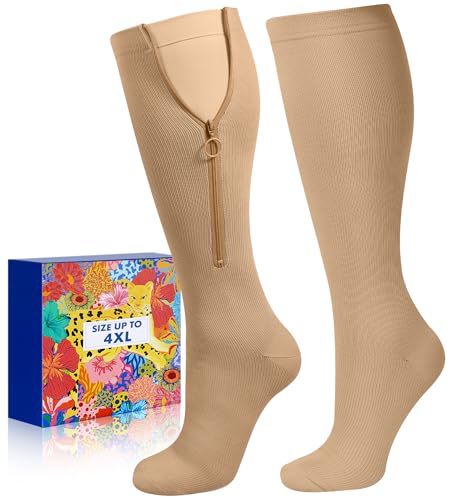 Lalapapa Zipper Compression Socks for Women Men - Compression Socks with Inner Lining Easy On, 20-30mmHg Graduated Support, Nude, L/XL