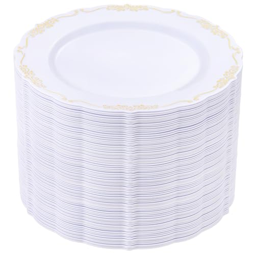 DaYammi 60PCS White and Gold Plastic Plates, Heavy Duty White and Gold Disposable Plates Premium 10inch White Dinner Plates Hard Plastic Plates Disposable for Party Wedding Bridal Shower