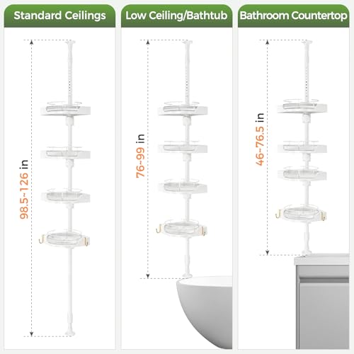 Image of akinbas 360 Rotating Shower Caddy Tension Pole with 4-Tier Rustproof Lazy Susan 35-128 Inch No Drilling Coner Shelves Adjustable Shower Rack for Bathroom Bathtub Washbasin Plant Storage (White)