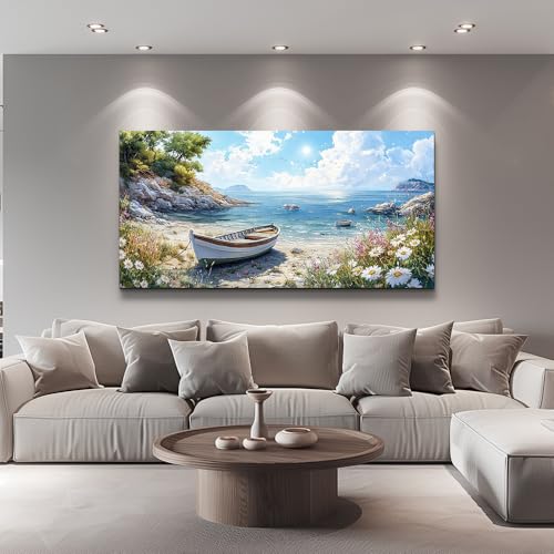 ZUITINGHUA Large Wall Decor For Living Room Canvas Wall Art For Office Modern Wall Decorations For Bedroom Seaside Boat Landscape Painting Farmhouse Pictures Artwork Room Home Decor 24x48 In