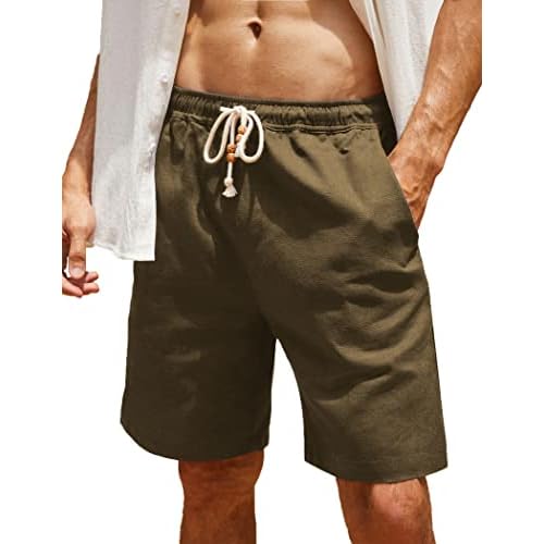 COOFANDY Men's Linen Shorts Casual Elastic Waist Drawstring Summer Beach Shorts Small Brown