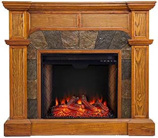 SEI Furniture Cartwright Corner Convertible Alexa-Enabled Smart Fireplace with Faux Stone Surround, Oak