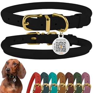 BRONZEDOG Collier en Cuir Roulé pour Chien avec Étiquette D&rsquo;Identification QR Colliers Ronds Souples Ajustables pour Petits Moyens Grands Chiens Chiot Chat (Noir Nuit, 23-28 cm)