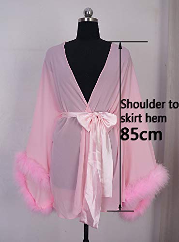 Feather Sleeve Short Bridal Robe With Sash Short Sexy Night Gown Pajamas (Pink) #TOP1