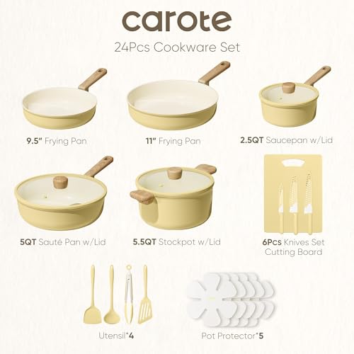CAROTE 24pcs Ceramic Cookware Set, Pots and Pans Non Stick Kitchen Cookware Sets, Pots and Pans Set Cooking Set with Knife Set - Thumbnail 2