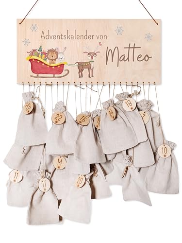 wunderwunsch® - Personalisierter Adventskalender zum selber befüllen - mit kinderfreundlichem Druck auf Holz - mit Juteschnur Jutesäckchen und Holzzahlen