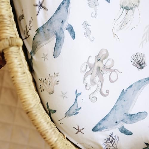 Image of Baby Bassinet Sheets for Boy, Girl (Ocean Odyssey) 2-Pack - Fitted Bedside Bassinet Sheets - Buttery Soft Cotton Blend for Standard Mattress Pad - Compatible with Halo BassiNest