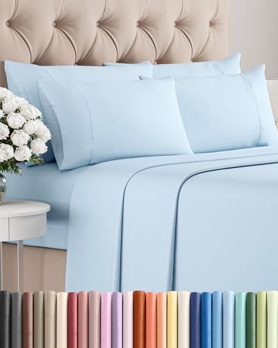 Image of Full 6 Piece Bed Sheet Set - Comfy, Breathable & Cooling Sheets - Baby Blue | Ultra-Soft Hotel Luxury Bedding Set with 8-16 Inch Deep Pockets, 1 Flat & 1 Fitted Sheet & 4 Pillowcases, Wrinkle & Fade Free