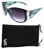 Vox Women's Sunglasses Designer Sport Fashion Rhinestone Vintage Floral Eyewear – Blue Frame – Smoke Lens