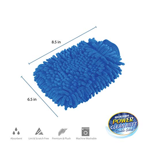 2 Pack. Premium Car Wash Microfiber Chenille Mitt. Super Auto Absorbent. Ultrafine Sponge Fiber Glove. Professional Cleaning At Home, Kitchen, Hand Car Washing Care. Soap Chemical Resistant. (Blue) #TOP2