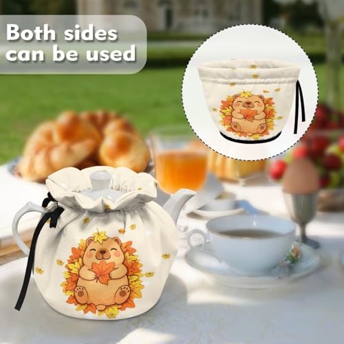 Image of Tea Cosy for Teapot Insulated Capybara Leaf Print Teapot Thermal Cover Insulated Tea Pots Cover for Breakfast Decorative Accessories for Dining Tables Coffee Tables