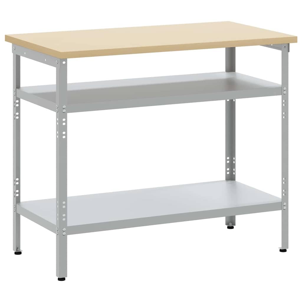 Tavolo da lavoro industriale con ripiani, 100 x 55 x 85 cm, grigio, in acciaio verniciato a polvere e legno, piedini regolabili in altezza per un uso flessibile in officina, garage
