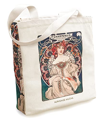 KXT DES!GN Tragetasche Jugendstil aus Baumwoll-Canvas mit Reißverschluss und Innentasche (Mucha Champenois)